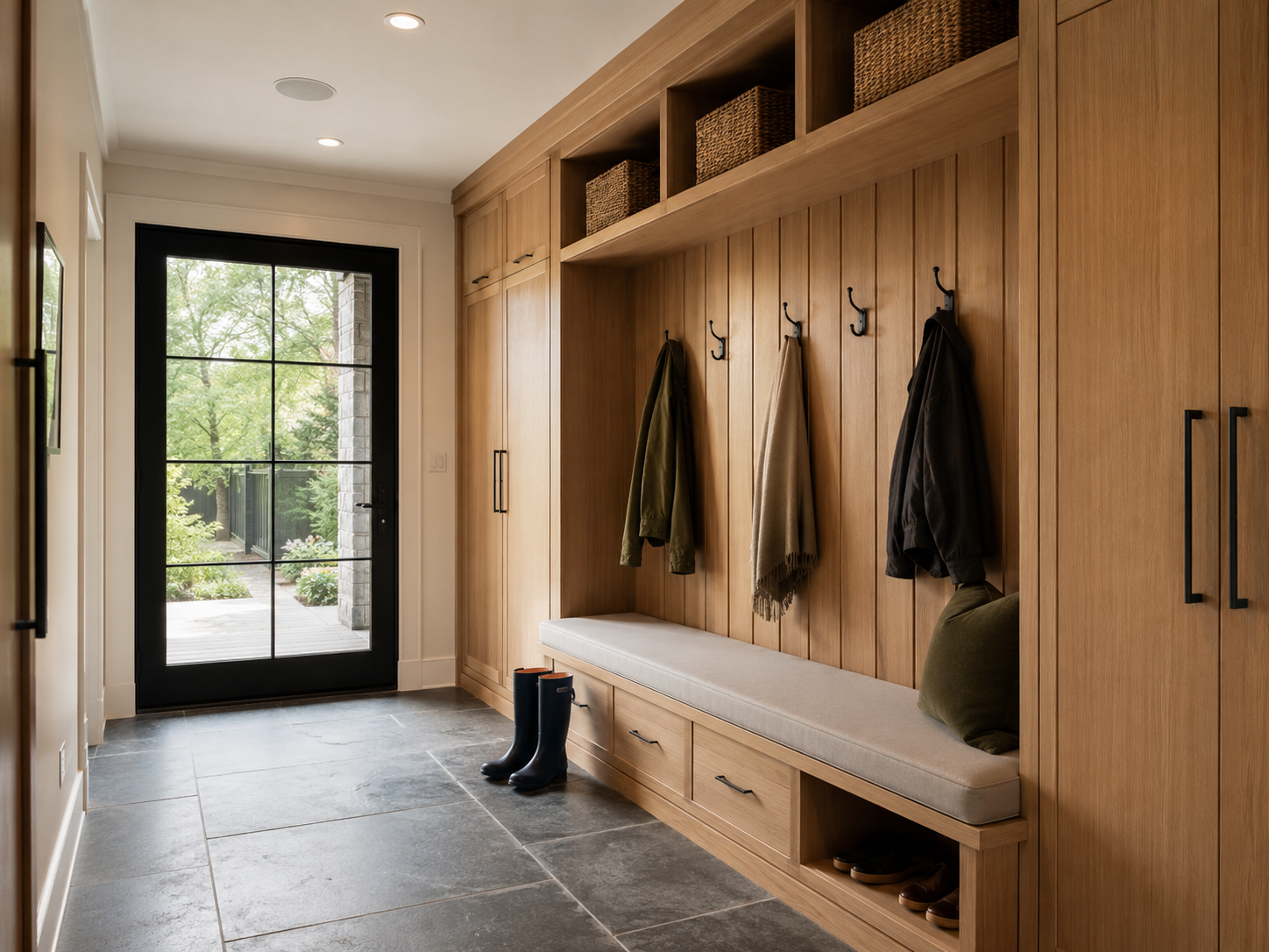 Modern oak mudroom with lockers and bench