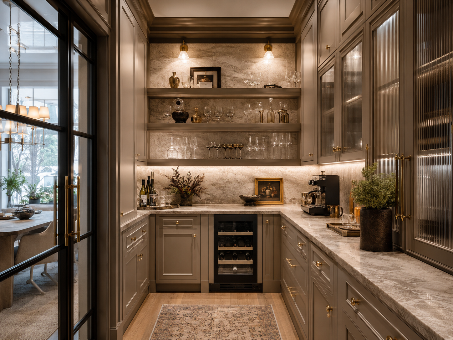 Butler's pantry with sage cabinets and brass hardware