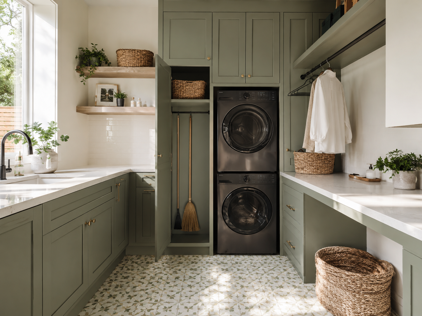 Sage green custom laundry room cabinetry