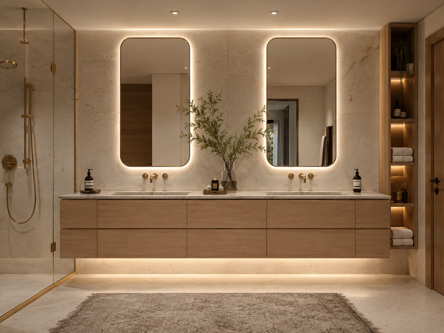 Spa bathroom floating vanity with LED mirrors
