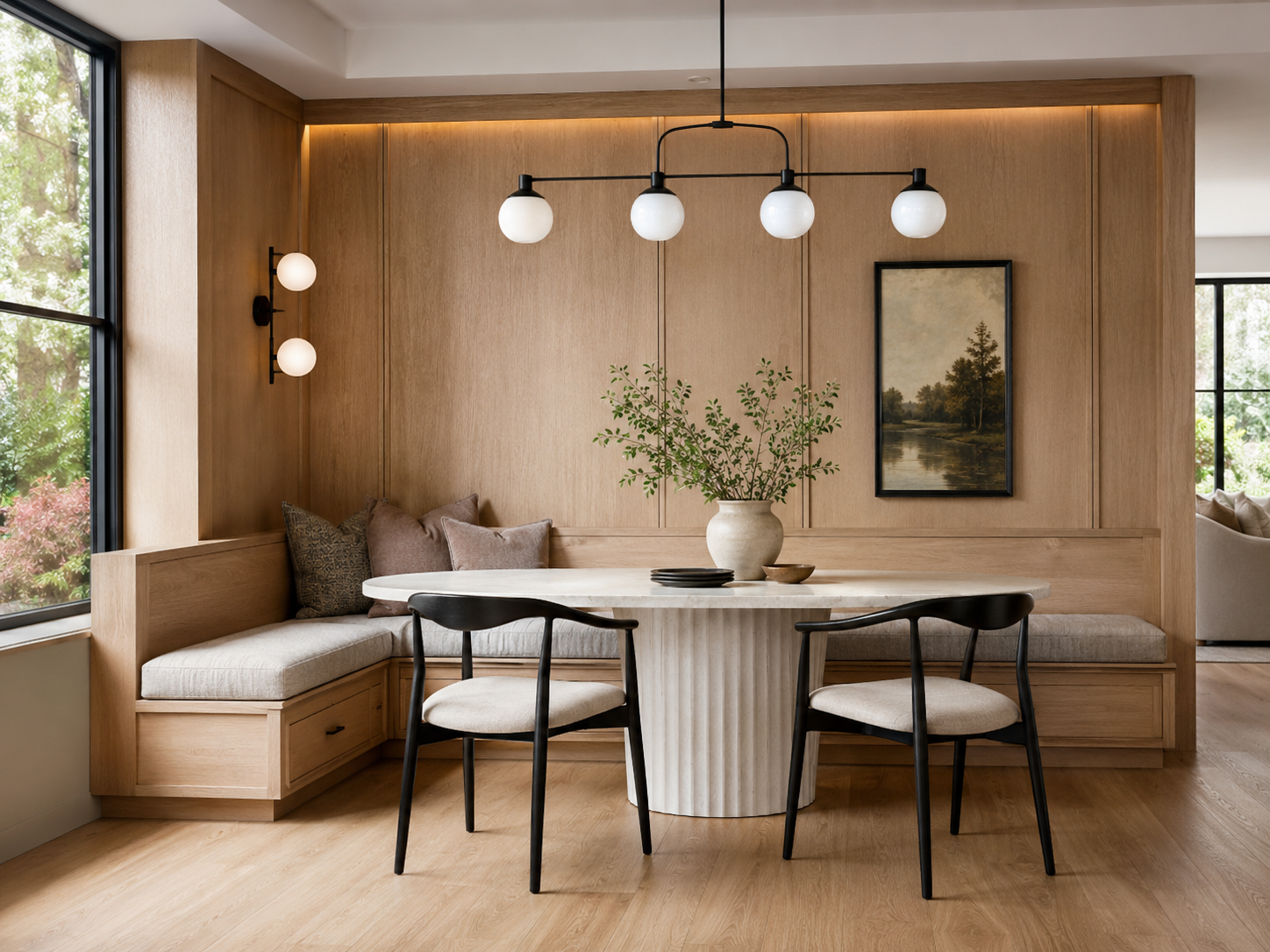 Custom oak dining banquette with storage