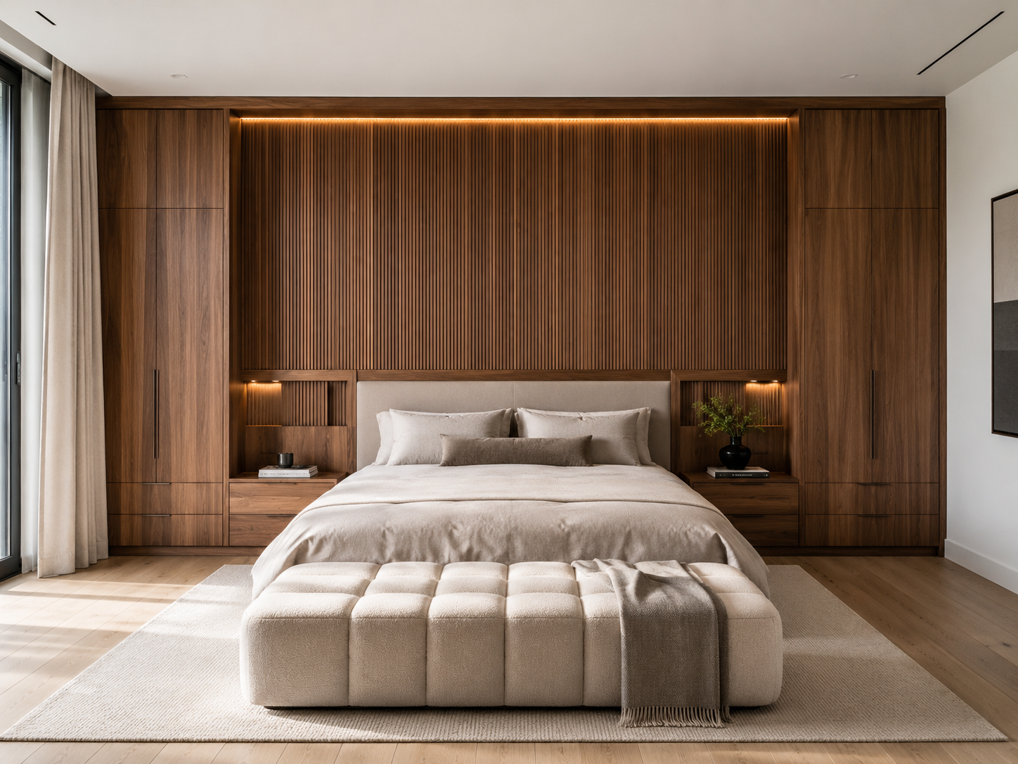 Integrated walnut bedroom headboard wall