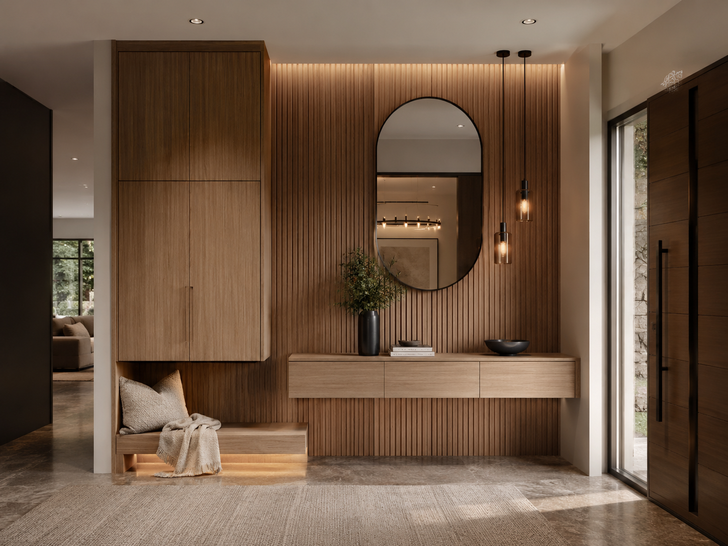 Custom entry foyer millwork with slatted wood panels