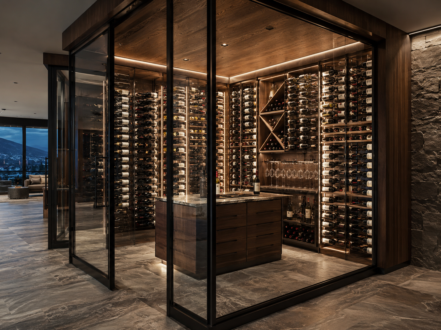 Custom glass wine cellar millwork