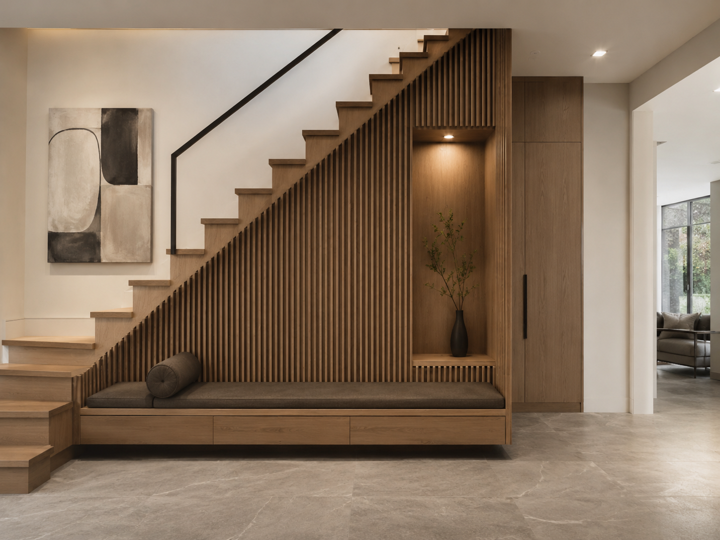 Custom staircase slat feature wall millwork